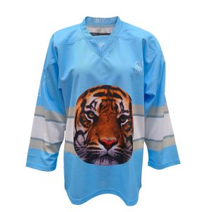 GlideStrike Custom Tiger Graphic Hockey Jersey – Sky Blue V-Neck Style