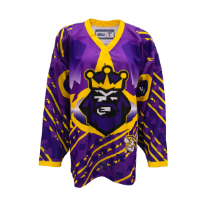 GlideStrike Royal Lion Sublimation Ice Hockey Jersey – Purple Gold V-Neck Edition